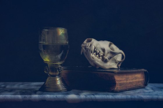 Glass, Book and Skull still life in a dutch master style.
