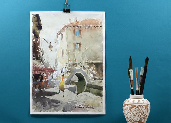 Venice, Colorful Venetian Watercolor Landscape.