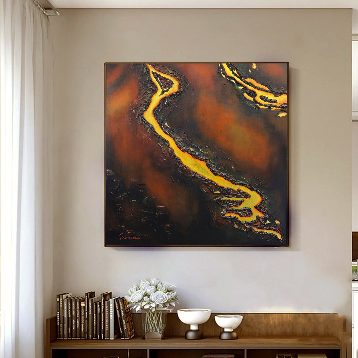 Organic Abstract Painting By Cristina Simeoni, 28 X 28, Life Gold 1, Original Artwork