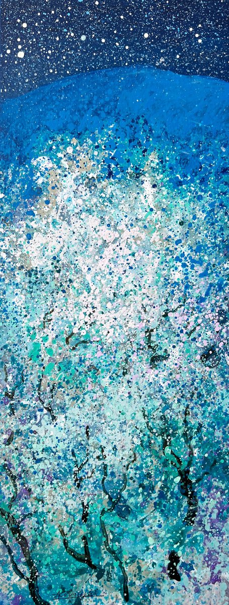 Impressionistic Landscape Acrylic Painting By Andrii Kovalyk, 8 X 20, Garden Of Night Songs #2, Original Artwork