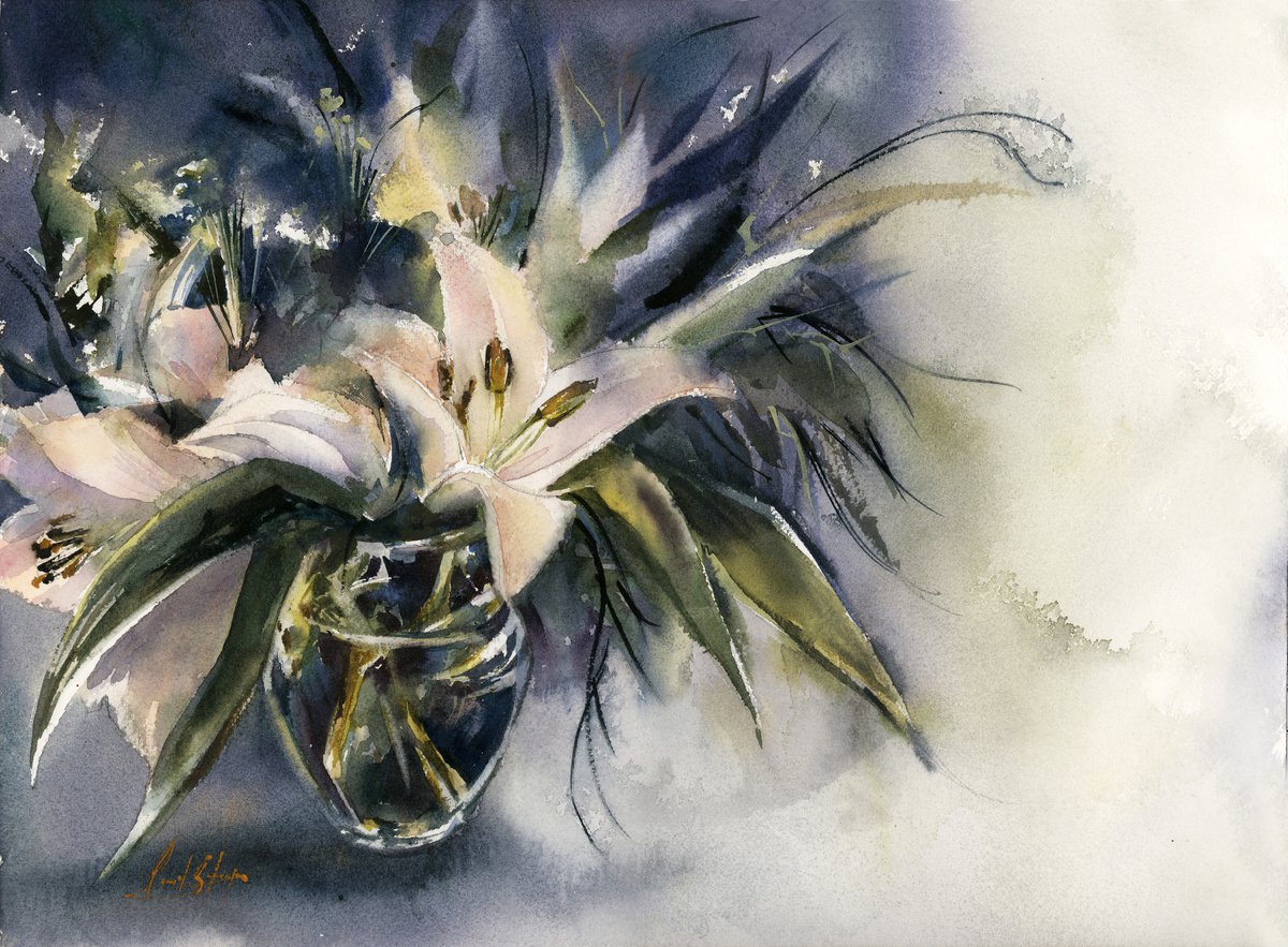 Impressionistic Botanical Watercolour By Sophie Rodionov, 16 X 12", White Lilies Bouquet, Original Artwork