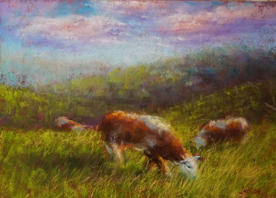 Cows pasturing | Original pastel painting