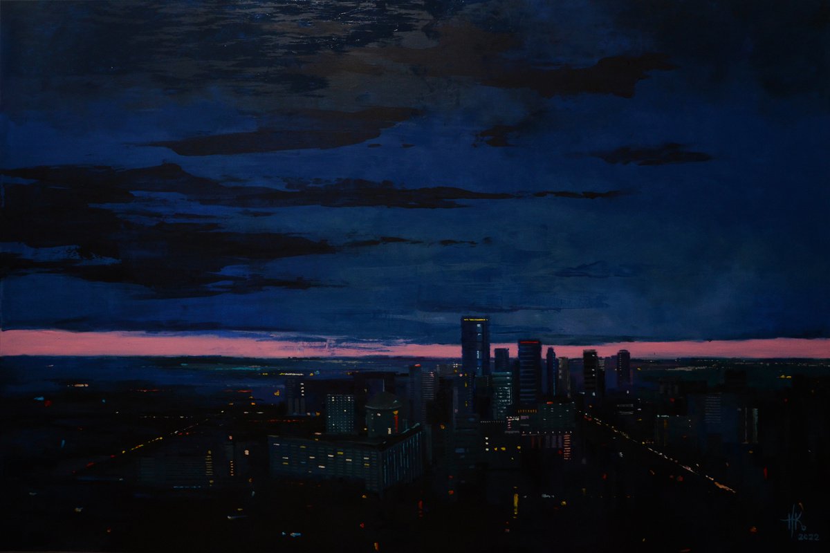 Expressive Cityscapes Oil Painting By Zhanna Kondratenko, 59 X 43", Wake Up, Original Artwork