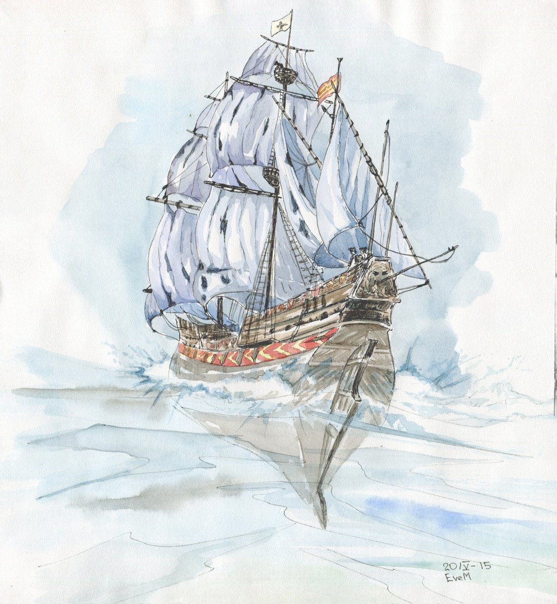 Ancient ship, watercolor. Original artwork. by Evgeniya Mokeeva