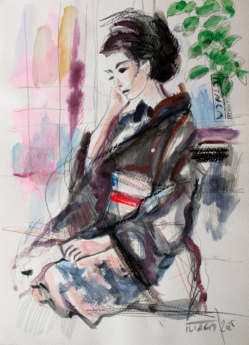 Impressionistic Portrait Watercolour By Catalin Ilinca, 12 X 16, Sakura No Hana (L