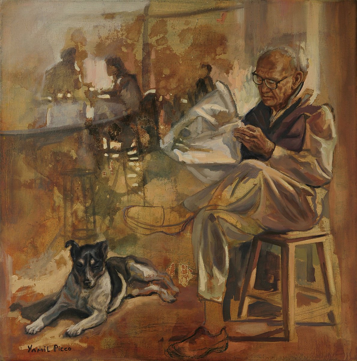 Expressive Portrait Oil Painting By Yamil Picco, 24 X 24", "Noticias De Otro Tiempo", Original Artwork