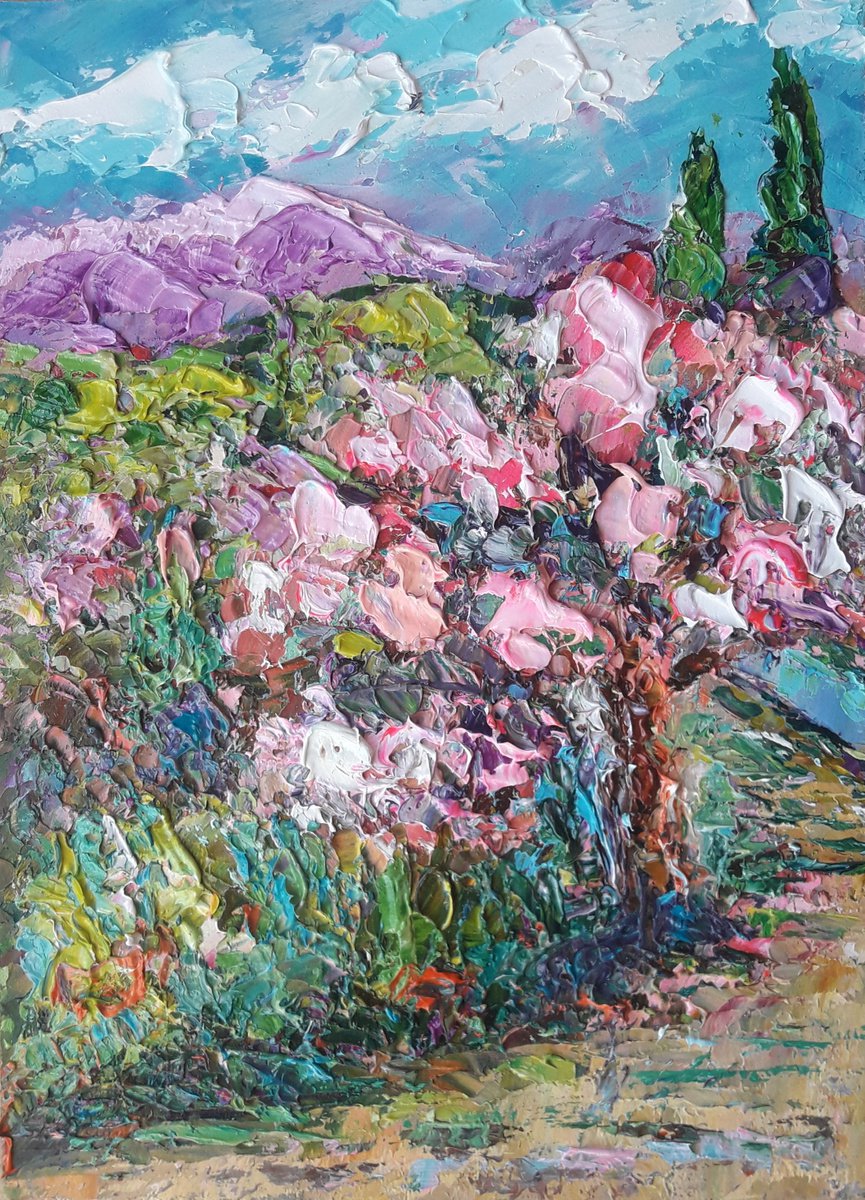 Landscape Sakura Blossom painting, Original art Impasto, Art Sakura artwork, Original Artw... by Kseniya Kovalenko