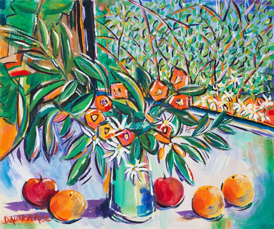 STILL LIFE WITH SUMMER FLOWERS, APPLES AND ORANGES