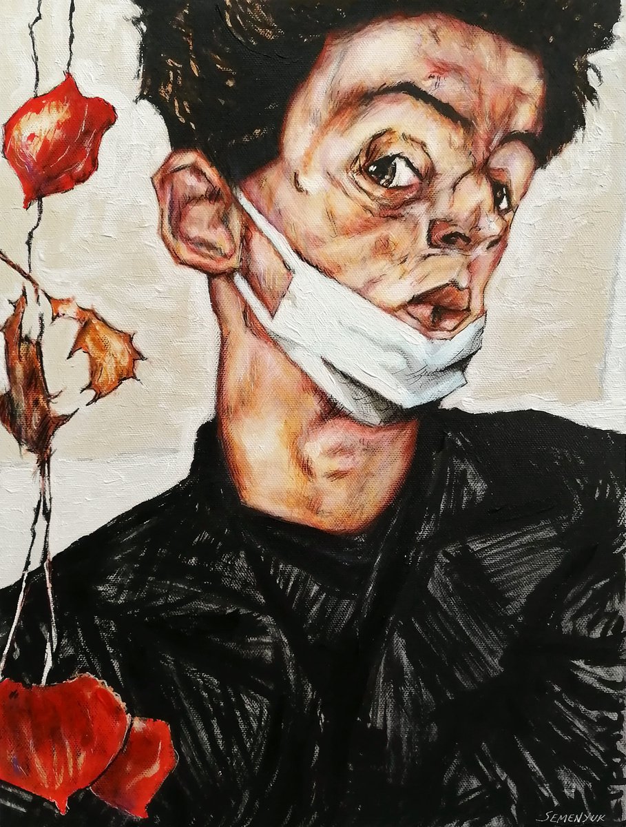 Egon Schiele style Man in white mask by Evgen Semenyuk
