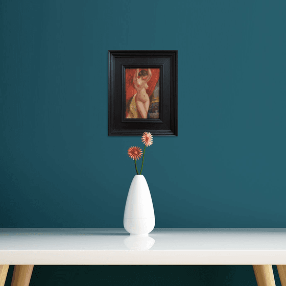 Old Master style female nude figure oil painting, with wooden frame.