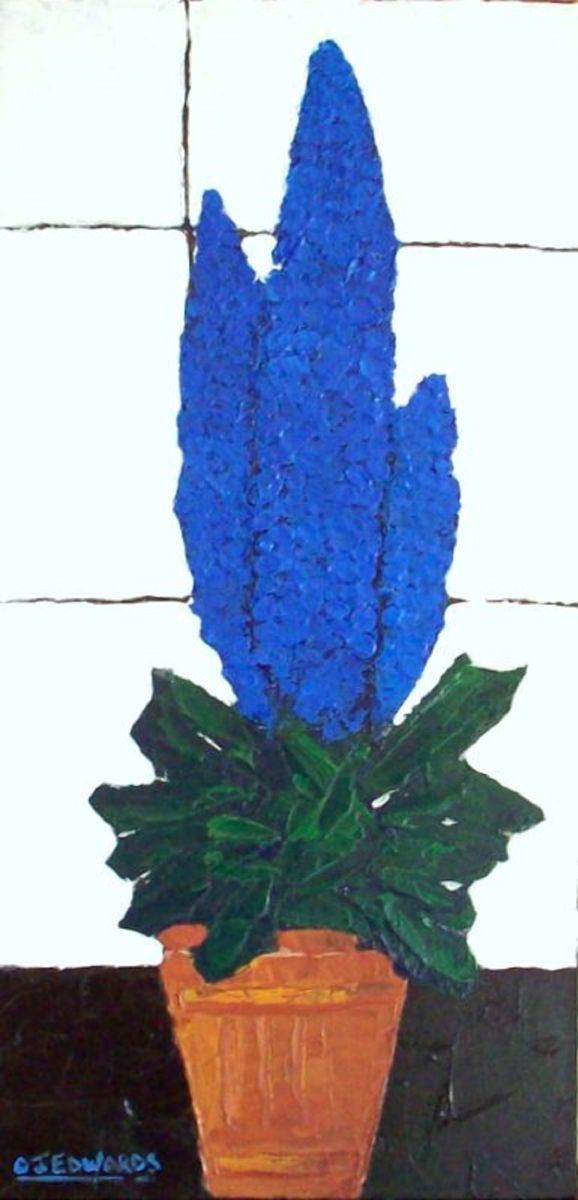 Impressionistic Botanical Acrylic Painting By David J Edwards, 12 X 24, Potted Delphiniums, Original Artwork