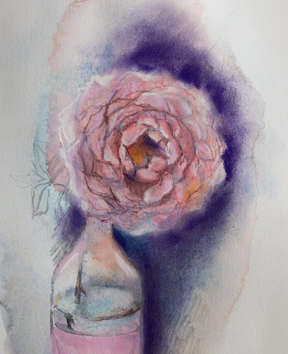 Shining pink rose on violet - mixed media