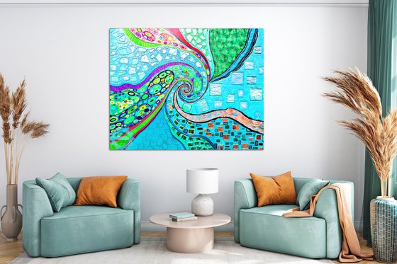 Large turquoise abstract painting. Vivid spiral abstract sea \ ocean wave.