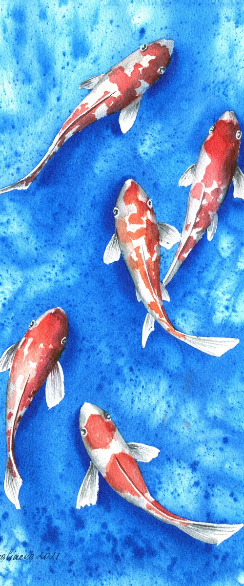 Koi carps  watercolor painting, Blue sea  painting, nautical  artwork,  blue and red, kitchen decor, contemporary,  gift for mother by Irina Povaliaeva