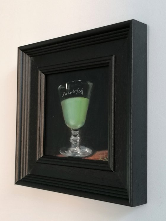 Pernod Absinthe Still Life original oil realism painting, with black wooden frame.