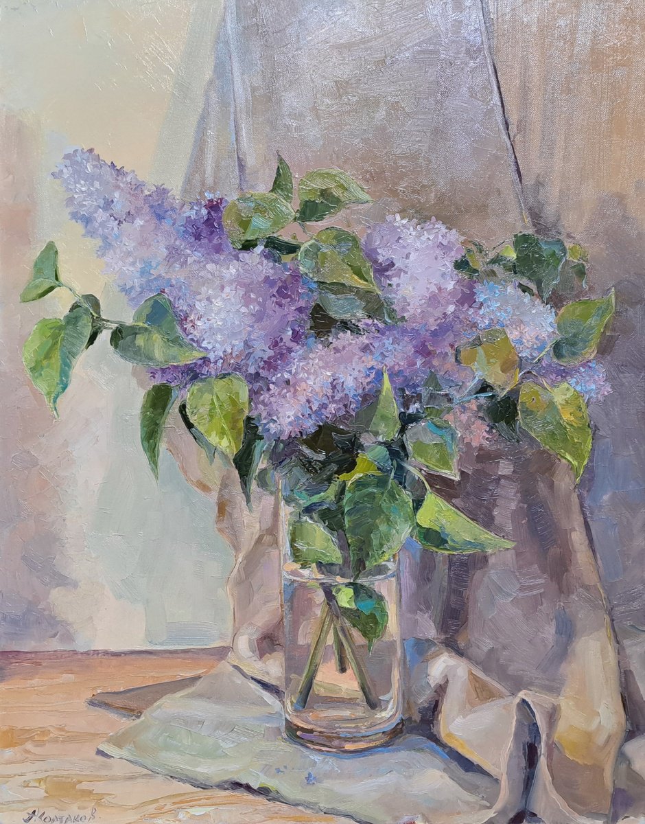 Impressionistic Botanical Oil Painting By Alexander Koltakov, 22 X 28, Lilac, Original Artwork