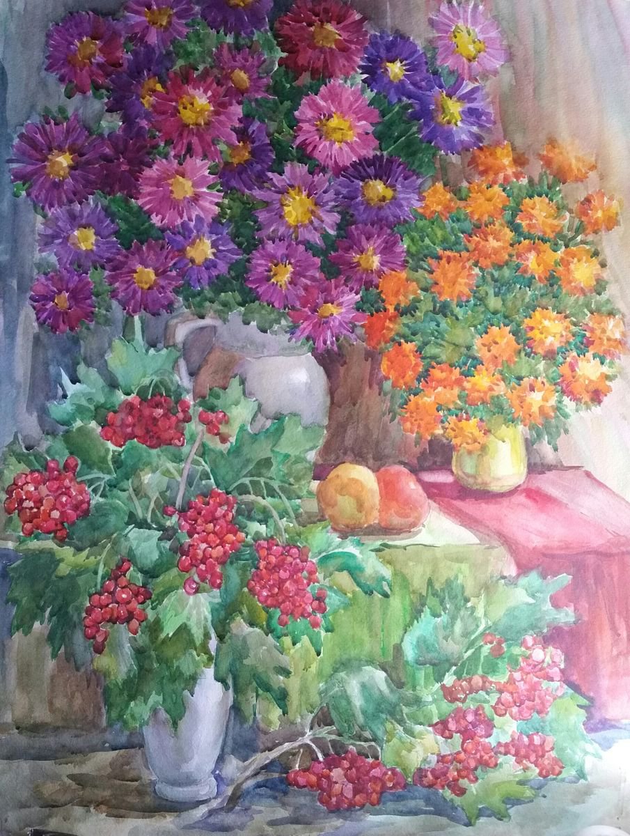 Autumn flowers - Original watercolor painting (2016) by Svetlana Norel