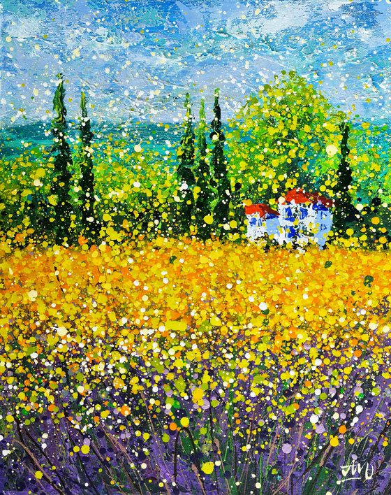 Lavender fields Yellow and violet flowers Italy landscape