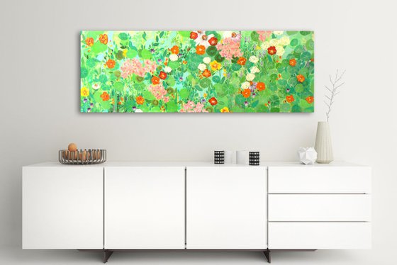 My little garden  (large landscape format colourful painting of flowers and plants in an expressionist style)