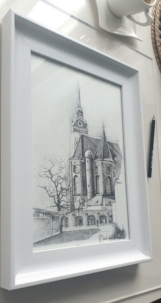 Munich - cityscape, monochrome drawing, framed