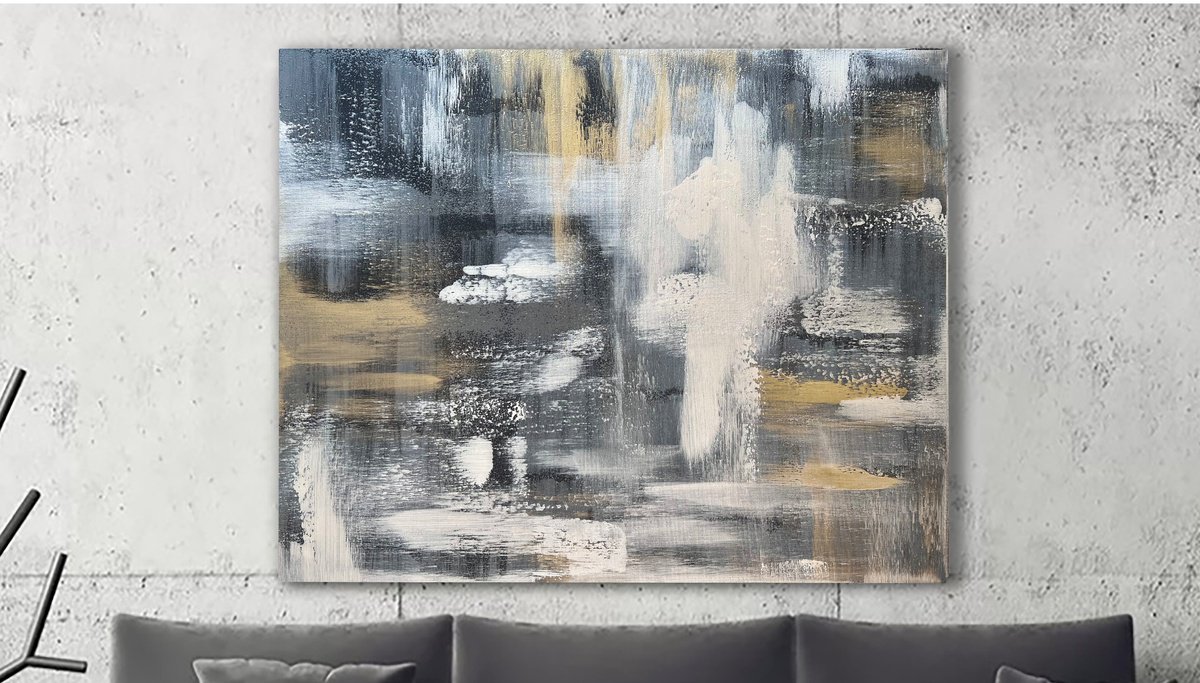 100x80cm Black Gold Gray Abstract on canvas. Nacre luxury. by Marina Skromova