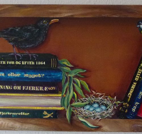 Bookcase with birds and mouse by Lena Smirnova