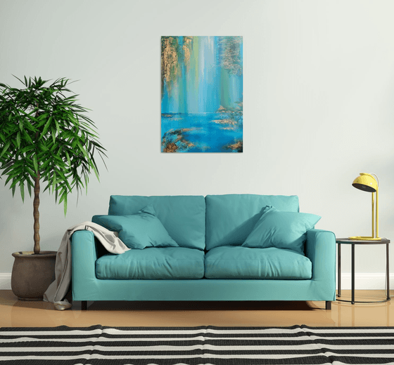 A XL large semi-abstract beautiful structured mixed media painting of a lake "Under the willow"