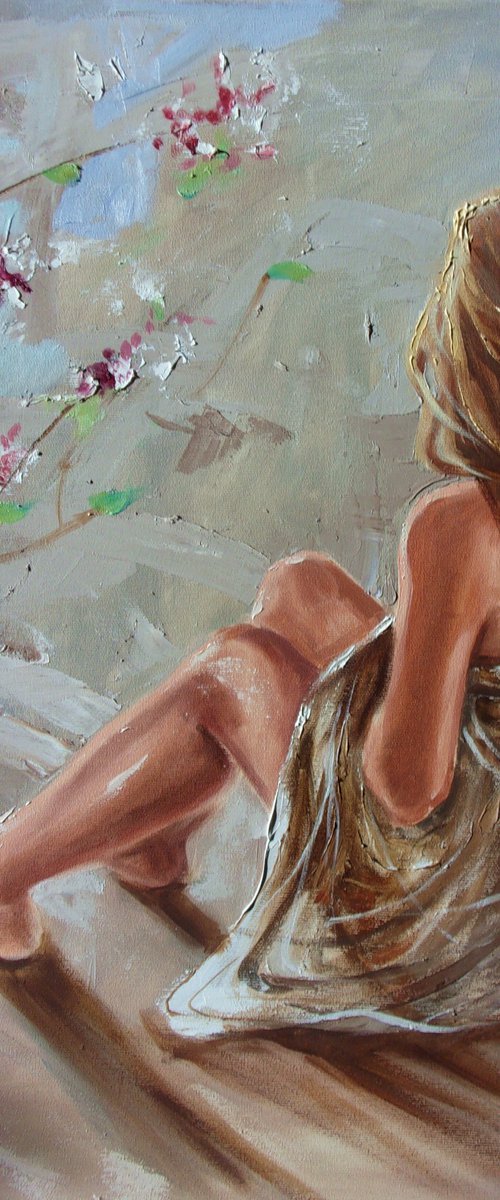 " DREAMING ABOUT ...  "  original painting window  palette knife GIFT brown by Monika Luniak