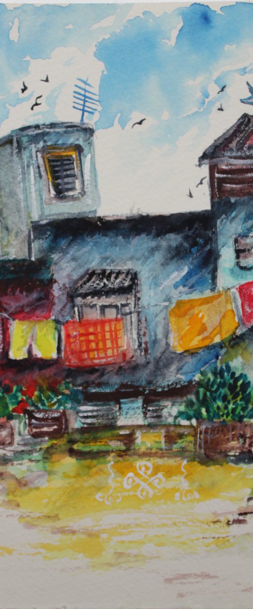Indian Street Scene with Kolam - Watercolour painting by Vikashini Palanisamy