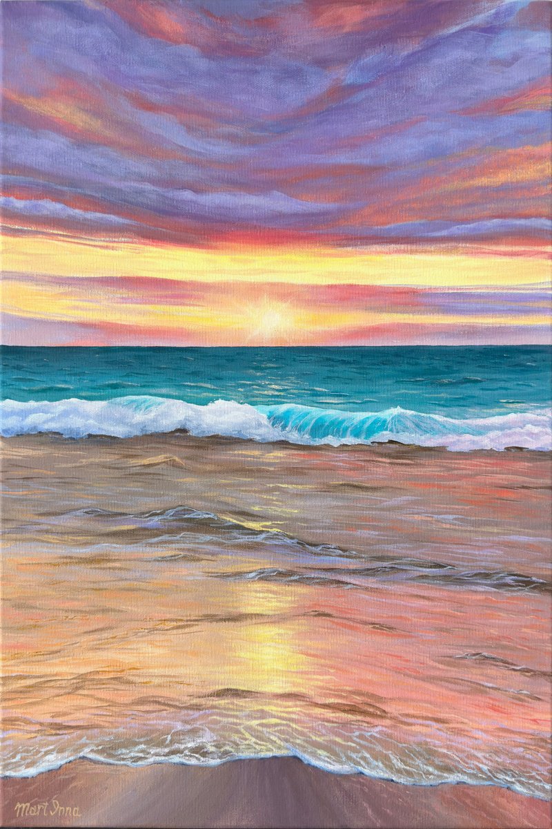 Photorealistic Landscape Acrylic Painting By Inna Martynenko, 16 X 24, Ocean Bathed In Sunset Light, Original Artwork
