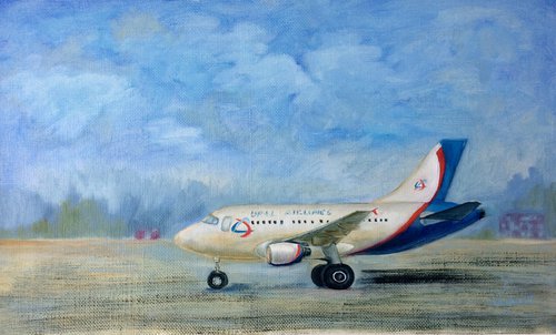 Landscape with the airplane on runway by Olga Ivanova