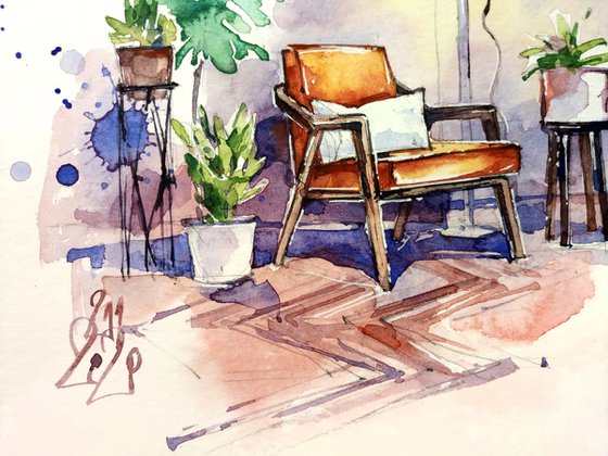 Original watercolor painting "A cozy armchair for reading books. A fragment of the interior"