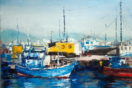 "Ships in the harbor", seascape , yachts