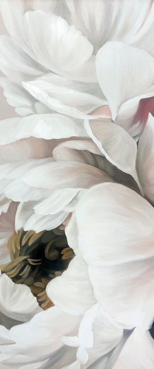 "Gray Silk Peonies" White gray flower oil art by Olha Tsapenko