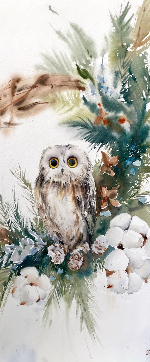 Owl and Christmas wreath by Eugenia Gorbacheva
