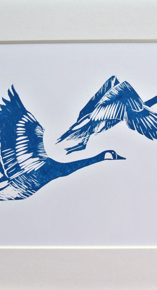 Birds in Flight Linocut, Printed in Blue, Geese Migrating, Print on Paper, Mounted by Alex Jabore