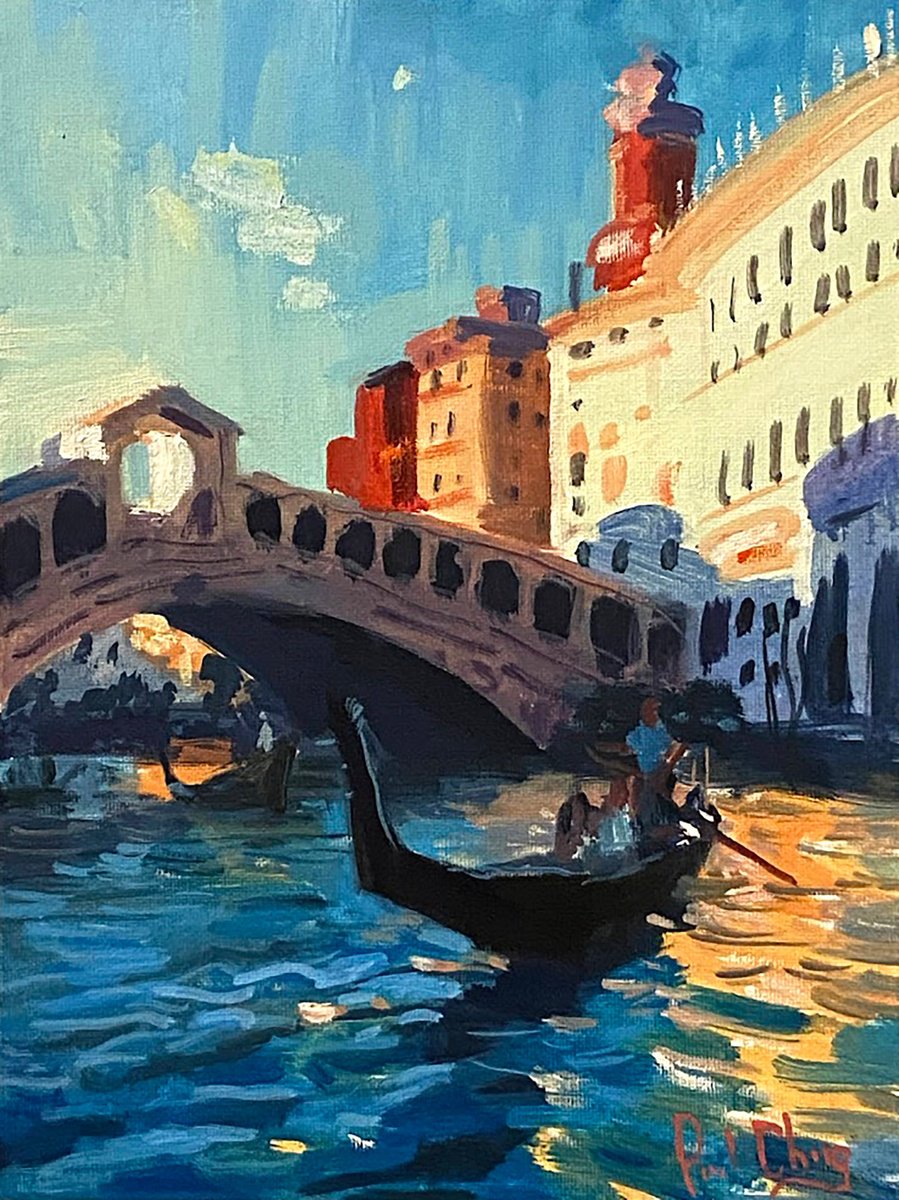 Impressionistic Cityscapes Oil Painting By Paul Cheng, 9 X 12", Venice Gondola Rides, Original Artwork