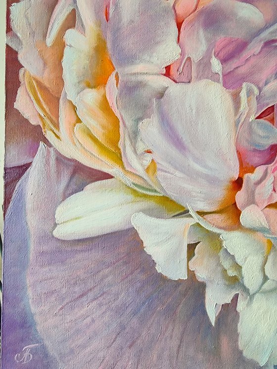 "Lace of petals."  peony  flower  liGHt original painting  GIFT (2022)