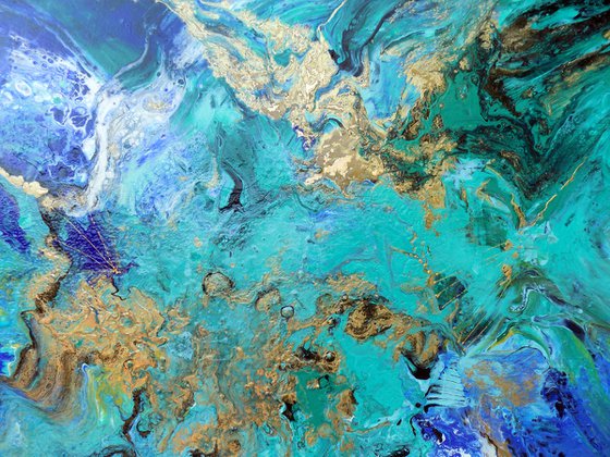 Modern abstract art blue green gold metallic painting ocean colors - Summer Holidays