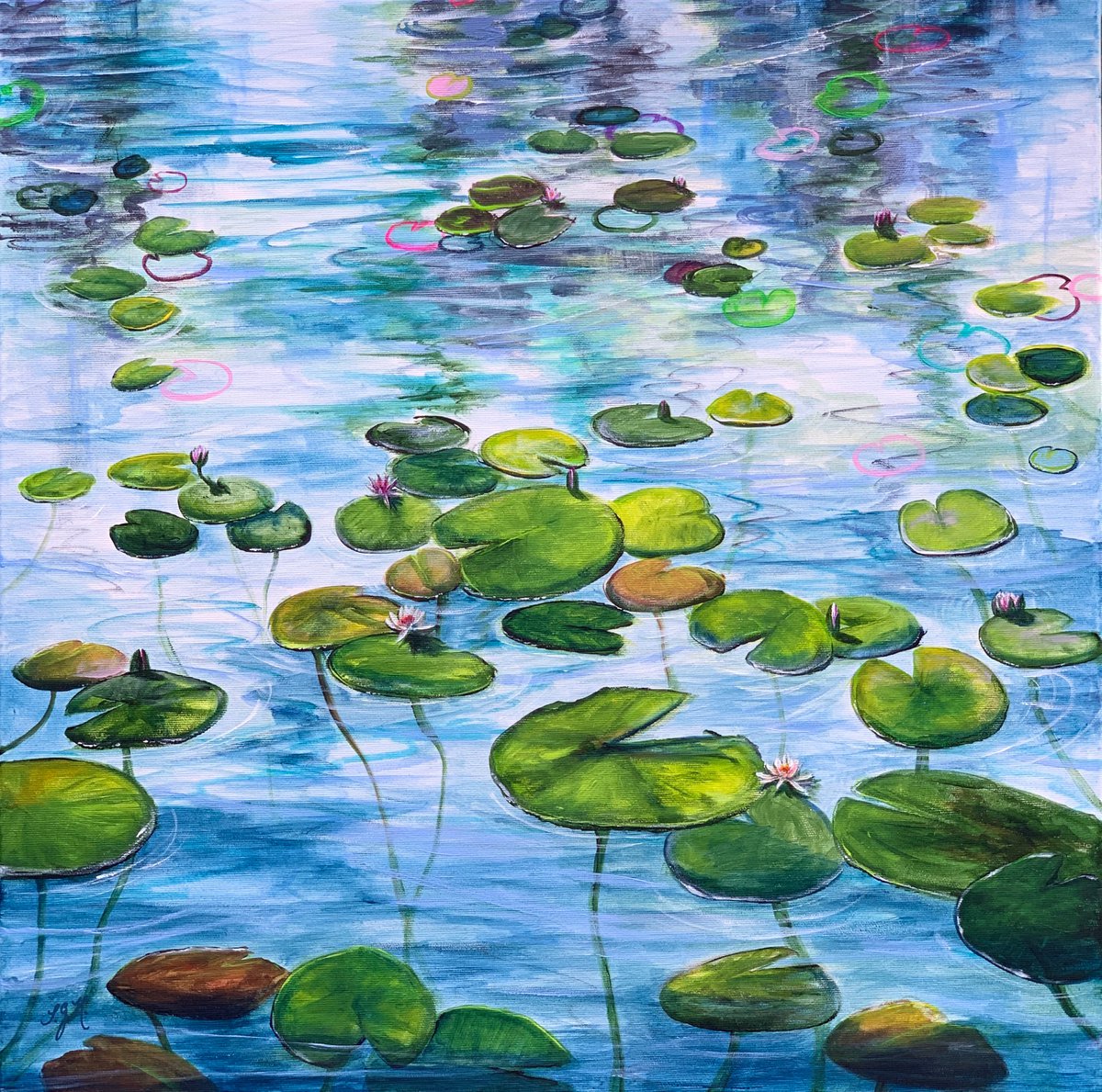 Impressionistic Botanical Acrylic Painting By Sandra Gebhardt-Hoepfner, 24 X 24", Water Lilies 4, Original Artwork