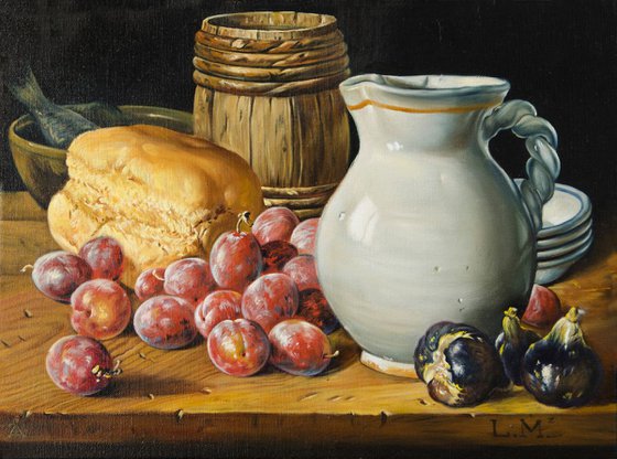 Still life with a jug, plums and bread. Original hand-made oil painted replica.