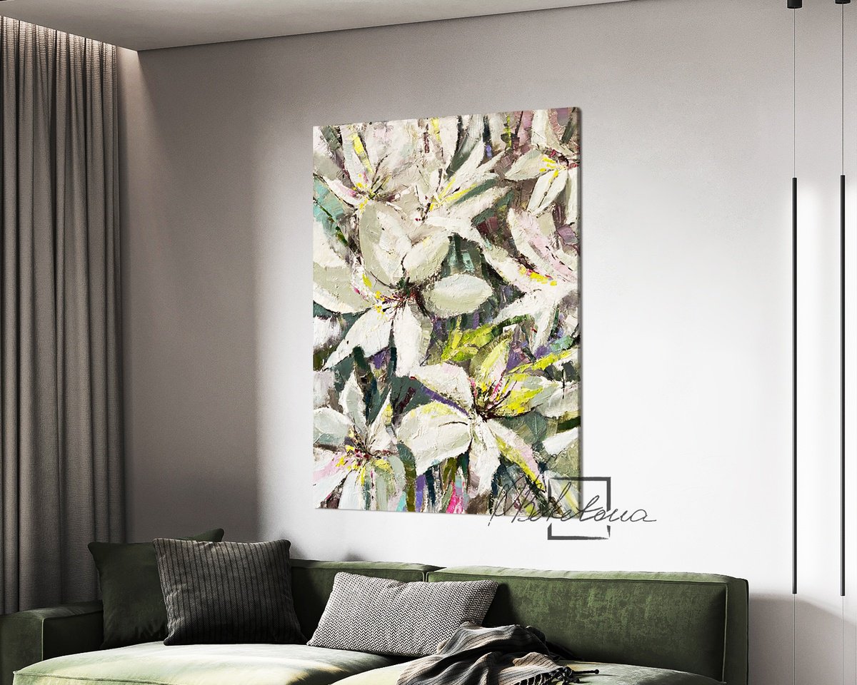 Impressionistic Botanical Oil Painting By Olga Beketova, 24 X 31", Lilies, Original Artwork