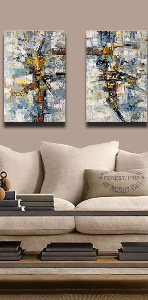 Abstract, Set of Two paintings, Multi Panel Abstract ORIGINAL Textured Modern Textured Palette Knife by Lana Guise