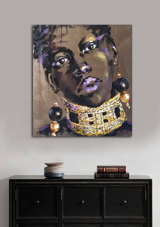 Female portrait of a black girl with gold jewelry on her neck, abstract woman portrait, oil original