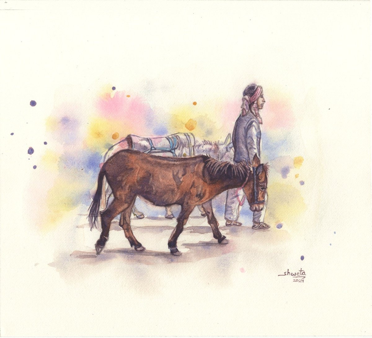 Photorealistic Animal Watercolour By Shweta Mahajan, 8 X 7", Farmer And The Donkeys, Original Artwork
