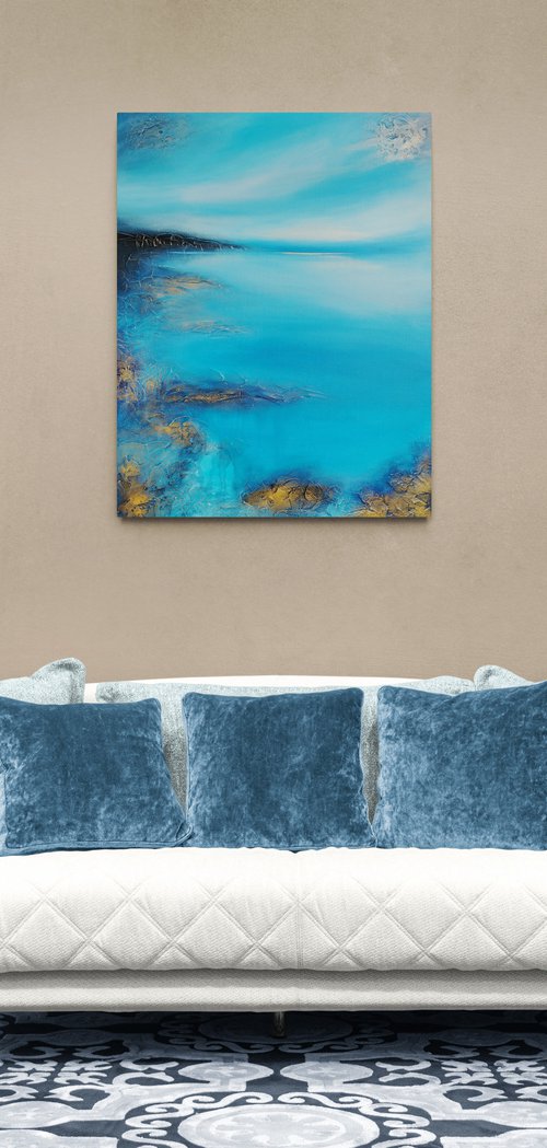 A XL large original modern semi abstract painting "Fifty shades of blue" by Vera Hoi