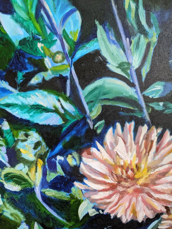 Dahlias original flower oil painting Dahlia flowers botanical impressionism painting Garden Art Home decor Loft Gift idea Love present cream yellow green