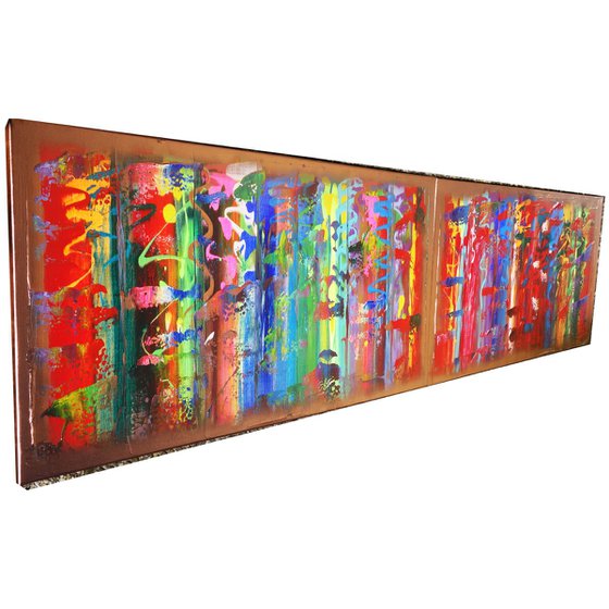 Rainbow A365 Large abstract paintings Palette knife 50x200x2 cm set of 2 original abstract acrylic paintings on stretched canvas