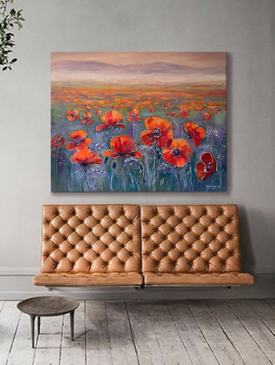 "Red poppies on the field". Oil painting.