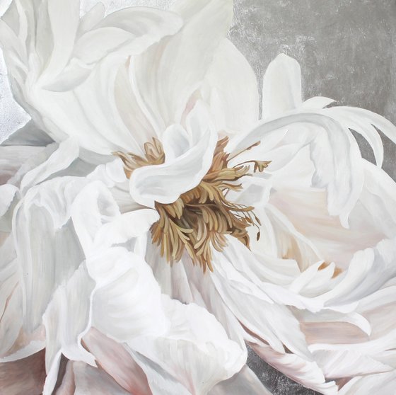 "Silver silk flowers 3" White peonies art